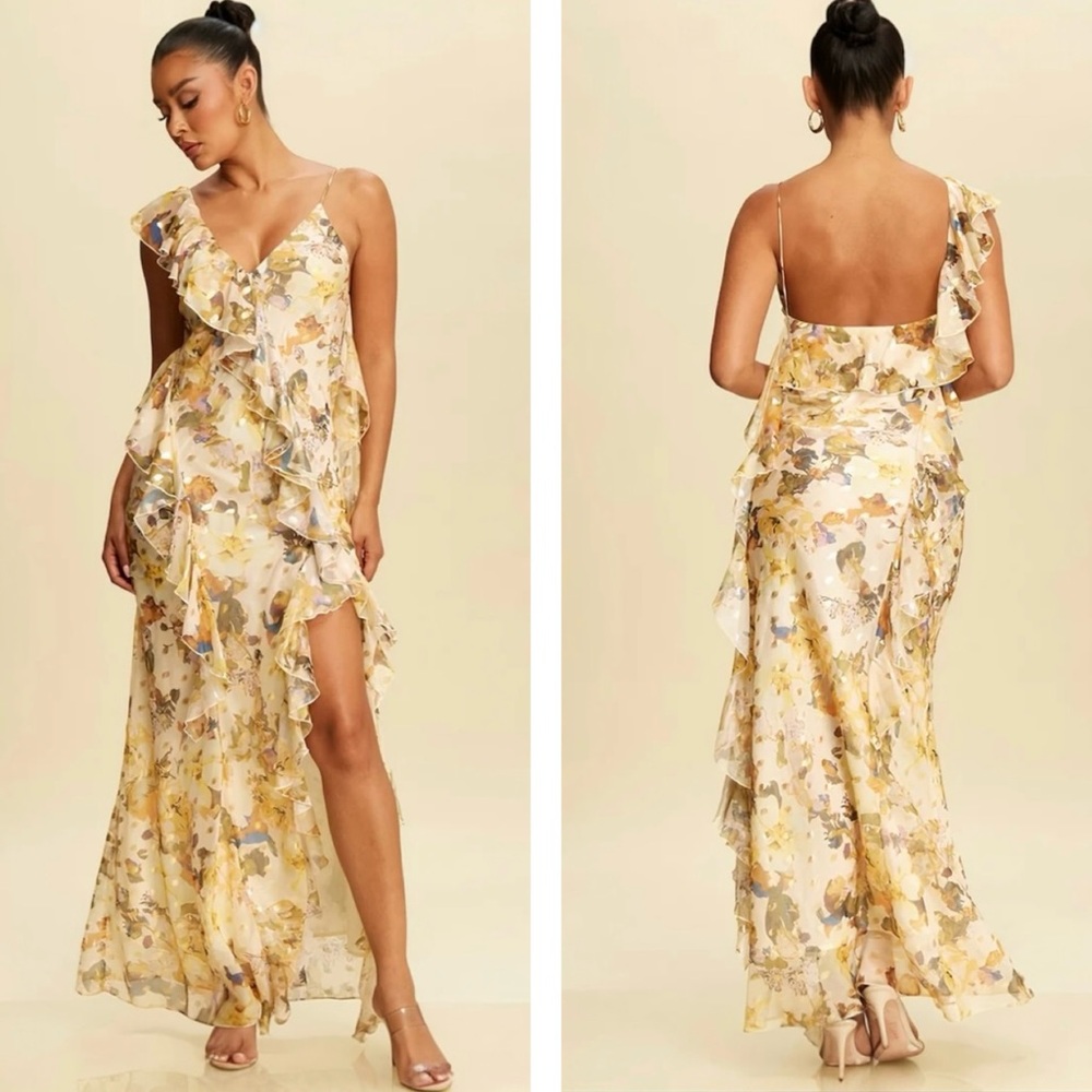 Luxxel Becca Frill Maxi Floral Dress In Butter Yellow & Gold LD10761